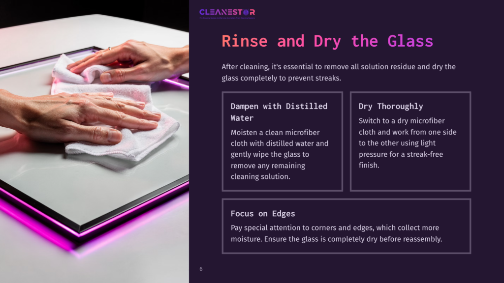 Hands Gently Wipe A Glass Surface With A White Microfiber Cloth, Demonstrating A Cleaning Step. The Image Also Shows Pink Led Lighting Around The Glass Frame.