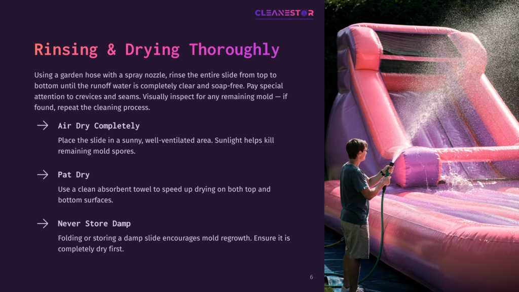 6 Rinsing And Drying Thoroughly A Young Boy Sprays A Large, Pink Inflatable Water Slide With A Green Garden Hose, Rinsing It Thoroughly. Instructions For Cleaning And Drying Inflatable Slides Are Visible On The Left.