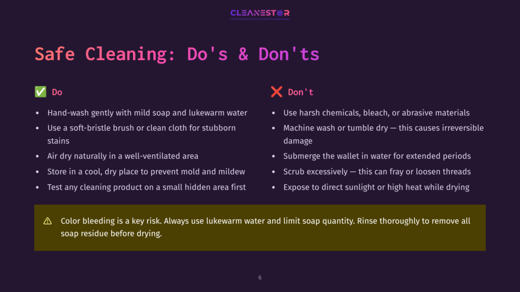 6 Safe Cleaning Dos And Donts Infographic Titled &Quot;Safe Cleaning: Do'S &Amp; Don'Ts&Quot; With A Dark Background, Listing Safe Cleaning Practices For A Small Hidden Area, And Warnings Against Harsh Chemicals, Machine Washing, And Submerging In Water.