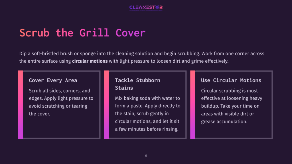 Illustration Detailing How To Scrub A Grill Cover: Cover Every Area With Light Pressure, Tackle Stubborn Stains With A Baking Soda Paste And Circular Motions, And Use Circular Motions To Lift Dirt And Grease.