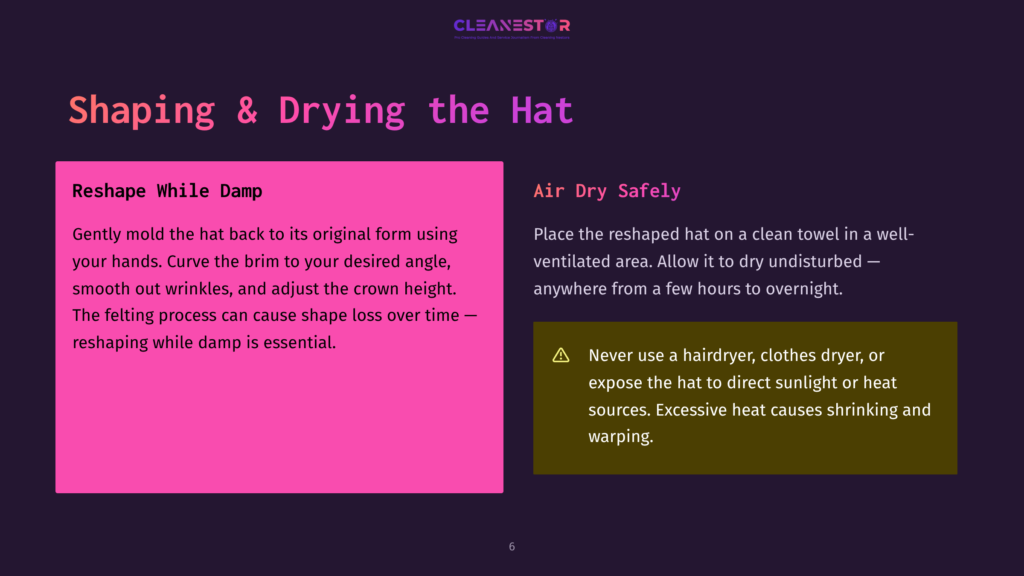 Two-Panel Graphic With Text: Left Panel In Pink Titled &Quot;Reshape While Damp&Quot; With Instructions On Molding Hats. Right Panel In Dark Yellow Titled &Quot;Air Dry Safely&Quot; With Advice On Drying Hats, Warning Against Dryers.