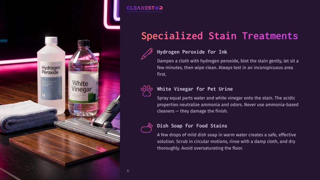 Close-Up Of Two Bottles, One Labeled &Quot;Hydrogen Peroxide&Quot; And The Other &Quot;White Vinegar,&Quot; Alongside A Microfiber Cloth And Cleaning Supplies On A Polished Wooden Floor, Suggesting Specialized Stain Treatments.