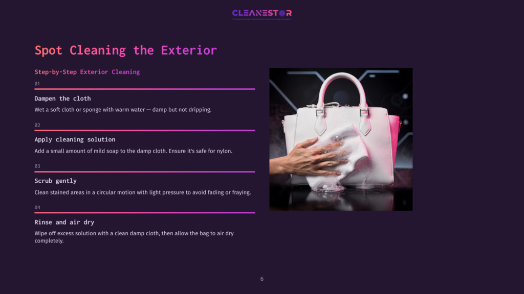 A White Leather Handbag Is Being Spot Cleaned With A White Cloth And Suds, With The Text &Quot;Cleanestor&Quot; And &Quot;Spot Cleaning The Exterior&Quot; Visible.
