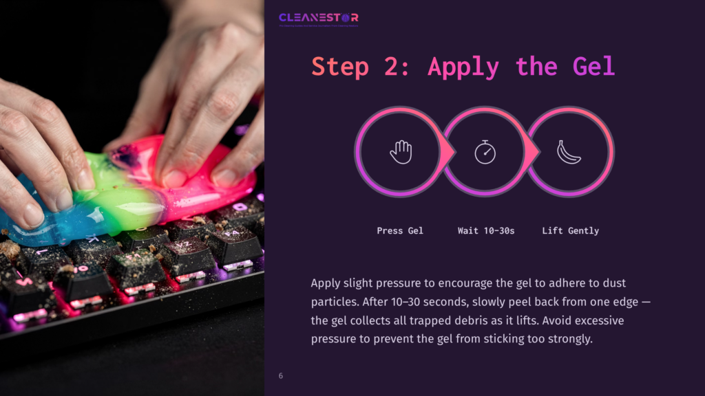 6 Step 2 Apply The Gel Step 2: Apply The Gel For Cleaning Keyboards. A Colorful Cleaning Gel Is Pressed Onto A Dirty Keyboard, With Icons Showing Pressing, Waiting, And Lifting The Gel.