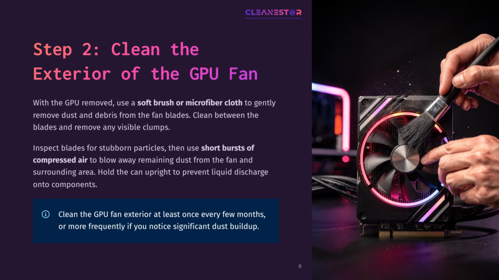 Close-Up Of A Hand Using A Soft Brush To Clean Dust And Debris From A Gpu Fan With Rgb Lighting. Text Overlay: &Quot;Step 2: Clean The Exterior Of The Gpu Fan.