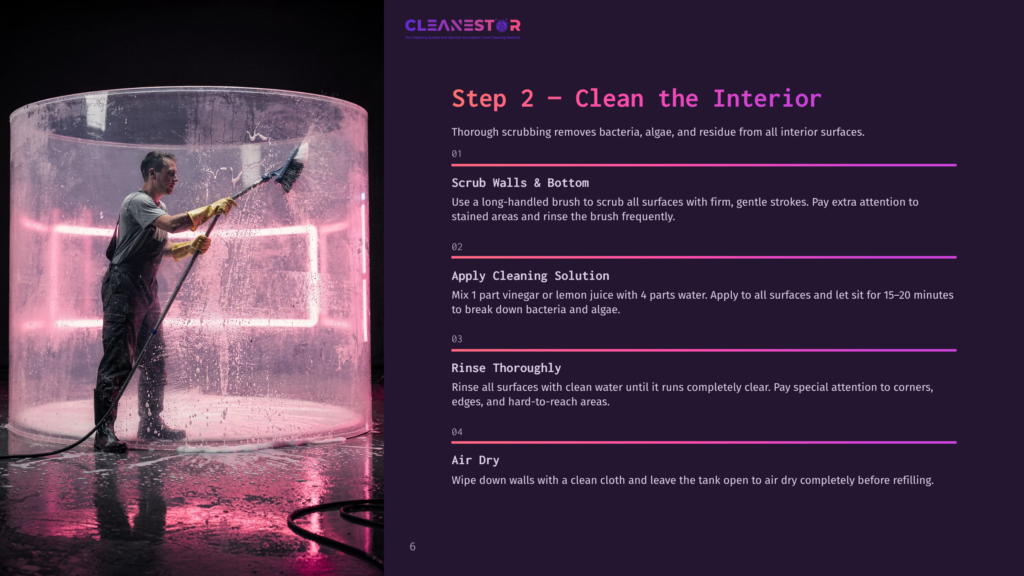 Cleanestor Logo And Text &Quot;Step 2 - Clean The Interior&Quot; With Steps For Cleaning A Cylindrical Tank, Showing A Man Scrubbing The Inside Walls.