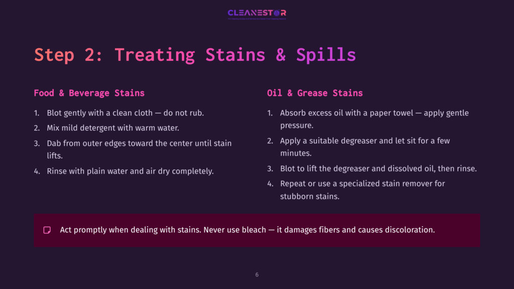 Step 2: Treating Stains &Amp; Spills - Food &Amp; Beverage Stains: Blot Gently, Mix Mild Detergent, Dab Outer Edges, Rinse. Oil &Amp; Grease Stains: Absorb Oil, Apply Degreaser, Blot, Repeat. Act Promptly To Prevent Damage.
