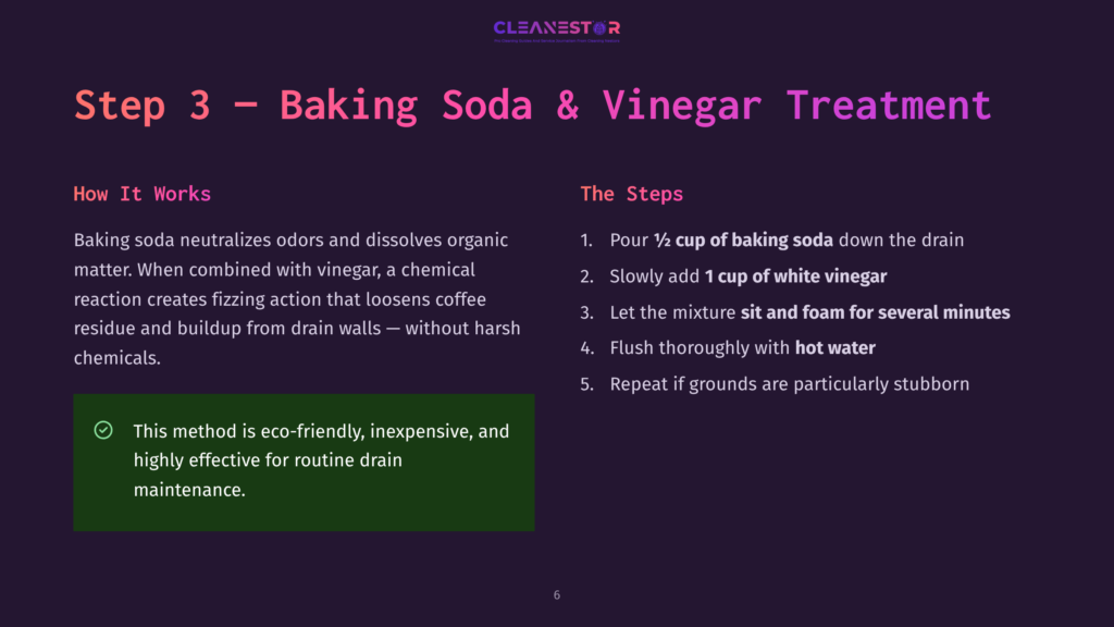 6 Step 3 Baking Soda And Vinegar Treatment Step 3: Baking Soda &Amp; Vinegar Treatment For Drains. Text Explains How To Use Baking Soda And Vinegar To Neutralize Odors And Loosen Coffee Residue, With Eco-Friendly Tips.