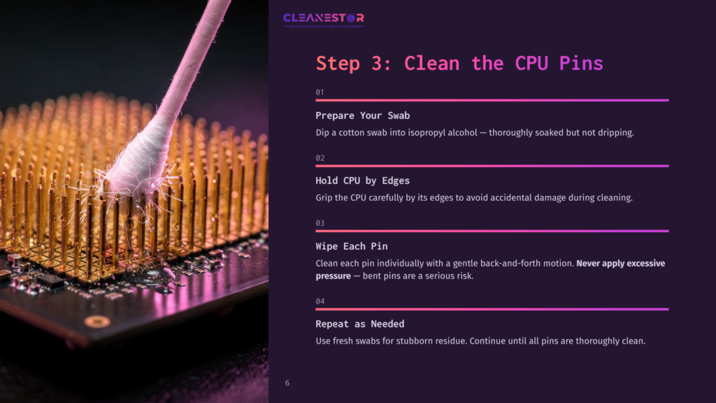 Close-Up Of A Cpu With Gold Pins Being Cleaned With A Cotton Swab Dipped In Isopropyl Alcohol, Showing Step 3 Of The Cleaning Process: &Quot;Clean The Cpu Pins.