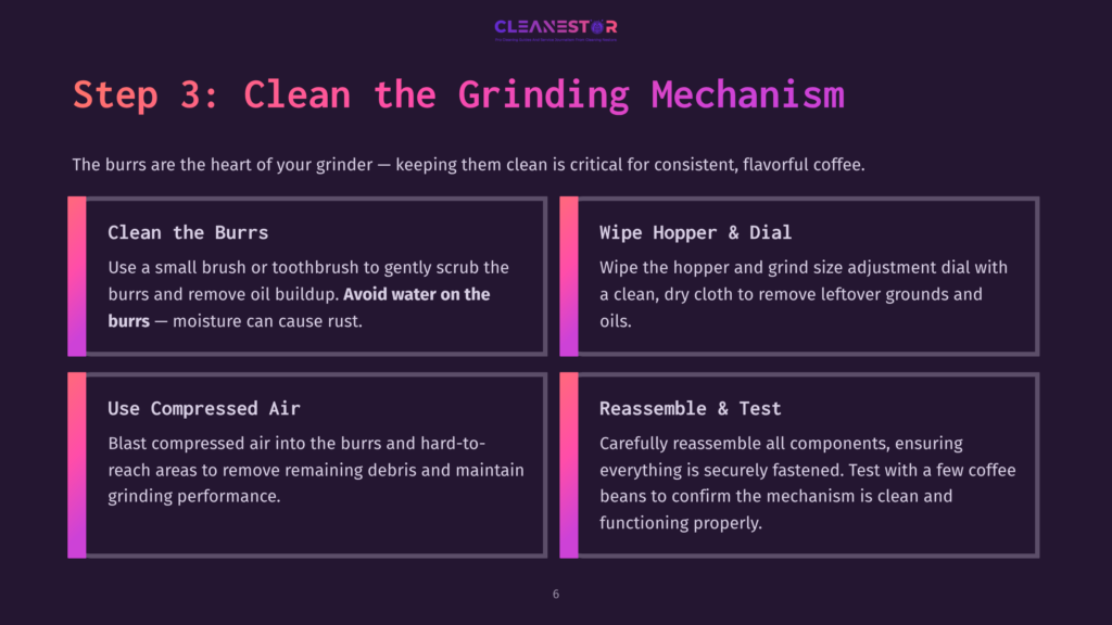 Step 3: Clean The Grinding Mechanism. Image Shows Four Panels Detailing How To Clean A Coffee Grinder: Cleaning Burrs, Wiping Hopper And Dial, Using Compressed Air, And Reassembling And Testing.
