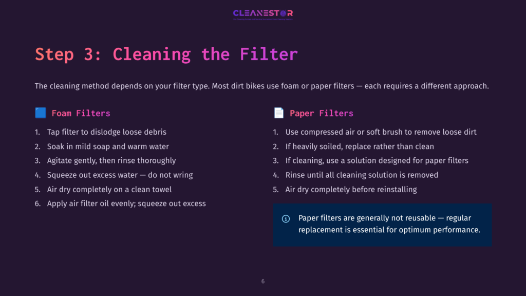 Step 3: Cleaning The Filter. Foam Filters And Paper Filters Cleaning Instructions Are Listed With Numbered Steps. Foam Filters Are Cleaned With Soap And Water, While Paper Filters Are Replaced If Heavily Soiled.