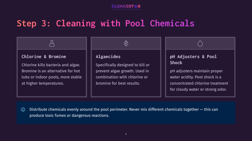 Step 3: Cleaning With Pool Chemicals. Sections Detail Chlorine &Amp; Bromine, Algaecides, And Ph Adjusters &Amp; Pool Shock, With Safety Instructions At The Bottom.