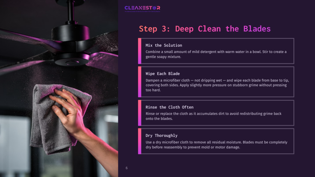 Step 3: Deep Clean The Blades. A Hand Holding A Gray Microfiber Cloth Wipes Dust Off A Black Ceiling Fan Blade, With Cleaning Solution Misting In The Air.