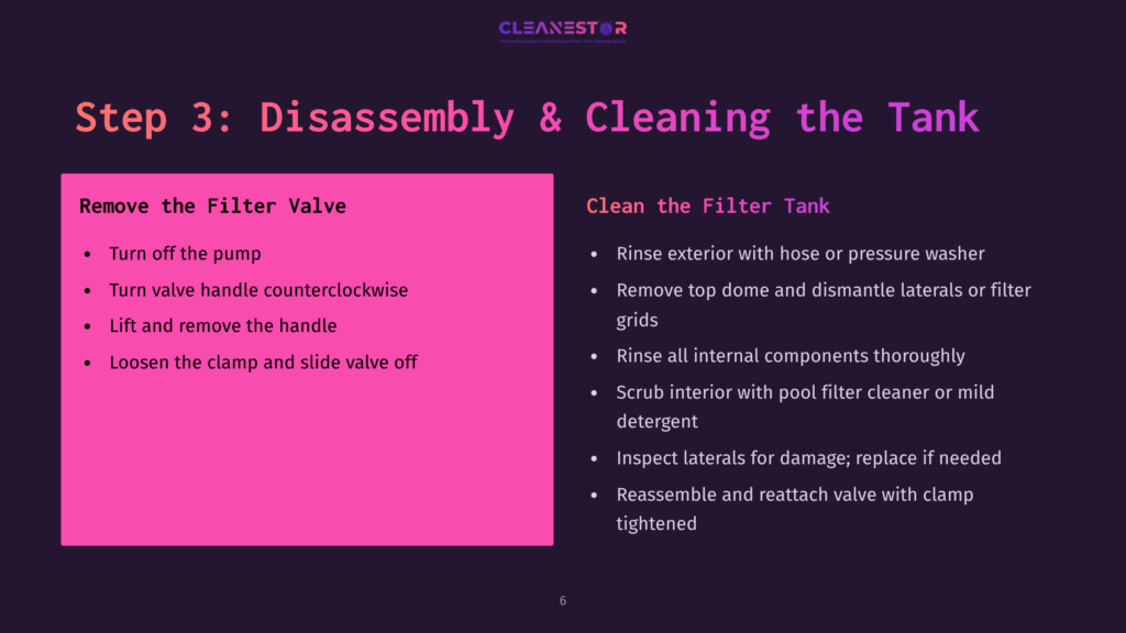 Step 3: Disassembly &Amp; Cleaning The Tank. Left Side Lists Steps For Removing The Filter Valve, Like Turning Off The Pump And Loosening The Clamp. Right Side Details Cleaning The Filter Tank With A Hose Or Pressure Washer.