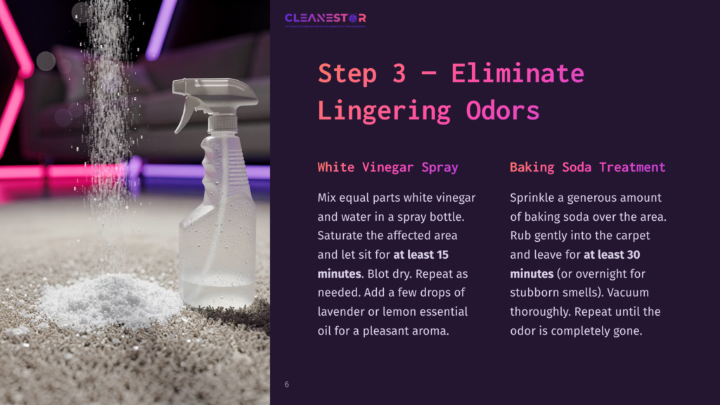 6 Step 3 Eliminate Lingering Odors White Vinegar Spray And Baking Soda Treatment For Eliminating Lingering Odors From Carpets. Text Highlights Cleaning Tips.