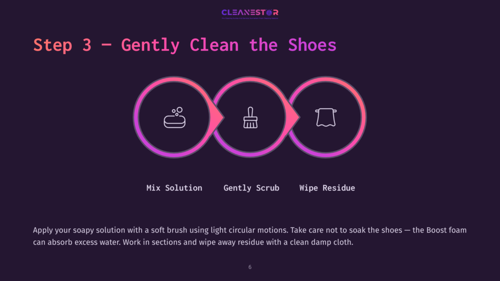 6 Step 3 Gently Clean The Shoes Step 3: Gently Clean The Shoes. Three Circular Icons Illustrate The Cleaning Process: Mixing Solution, Scrubbing, And Wiping Residue. Text Below Each Icon Explains The Action.