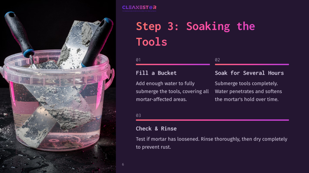 Step 3: Soaking The Tools. A Clear Plastic Bucket Is Filled With Water And Dirty Trowels, Ready For Cleaning. Instructions Detail Filling The Bucket And Soaking For Several Hours.
