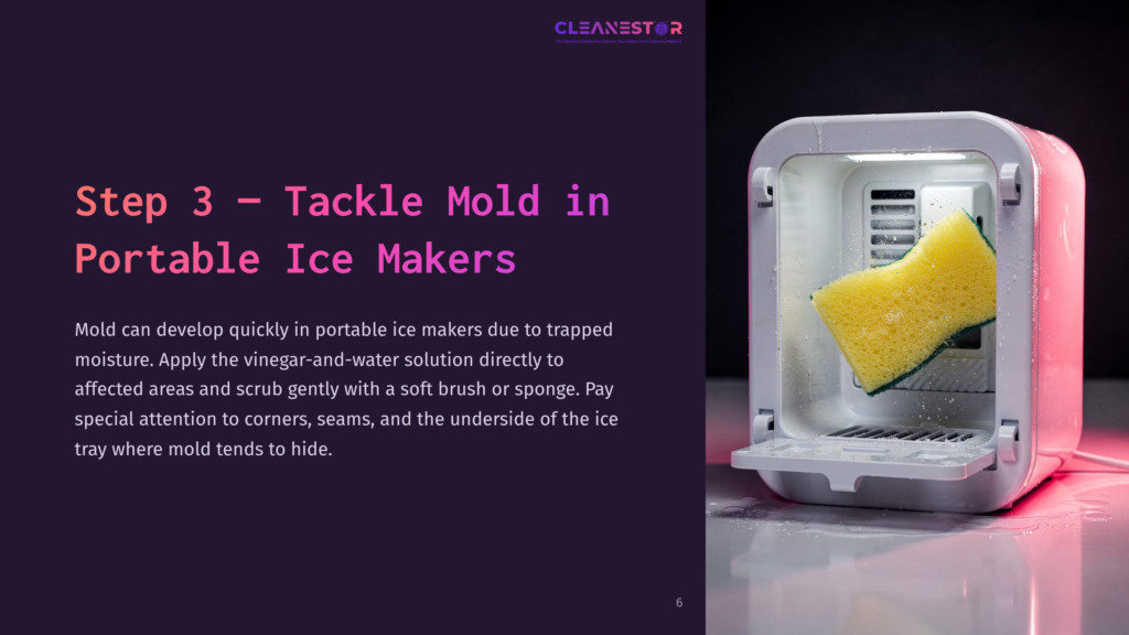 Step 3: Tackle Mold In Portable Ice Makers. A Yellow Sponge Scrubs The Inside Of A Pink Portable Ice Maker, Showing How To Clean Mold.