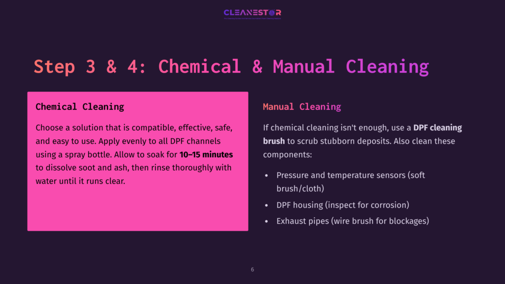 Slide Detailing Dpf Cleaning Steps: Chemical Cleaning Involves Soaking The Dpf In A Solution For 10-15 Minutes, While Manual Cleaning Uses A Brush For Stubborn Deposits On The Dpf Housing And Exhaust Pipes.