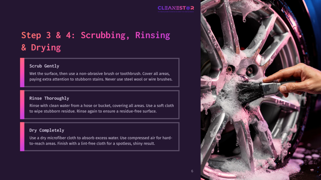 Close-Up Of A Hand Scrubbing A Shiny, Silver Car Wheel With A Brush And White Foam, With Cleaning Instructions For Scrubbing, Rinsing, And Drying Visible On The Left.