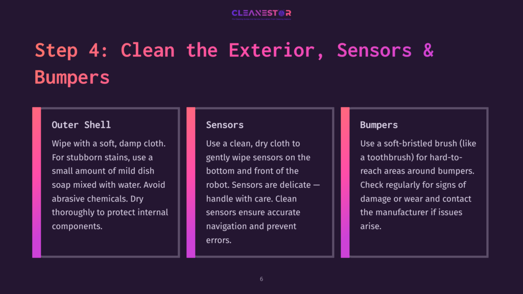 Step 4: Clean The Exterior, Sensors &Amp; Bumpers. Three Panels Detail Cleaning Instructions For A Vehicle'S Exterior Shell, Sensors, And Bumpers, With Text And Icons.