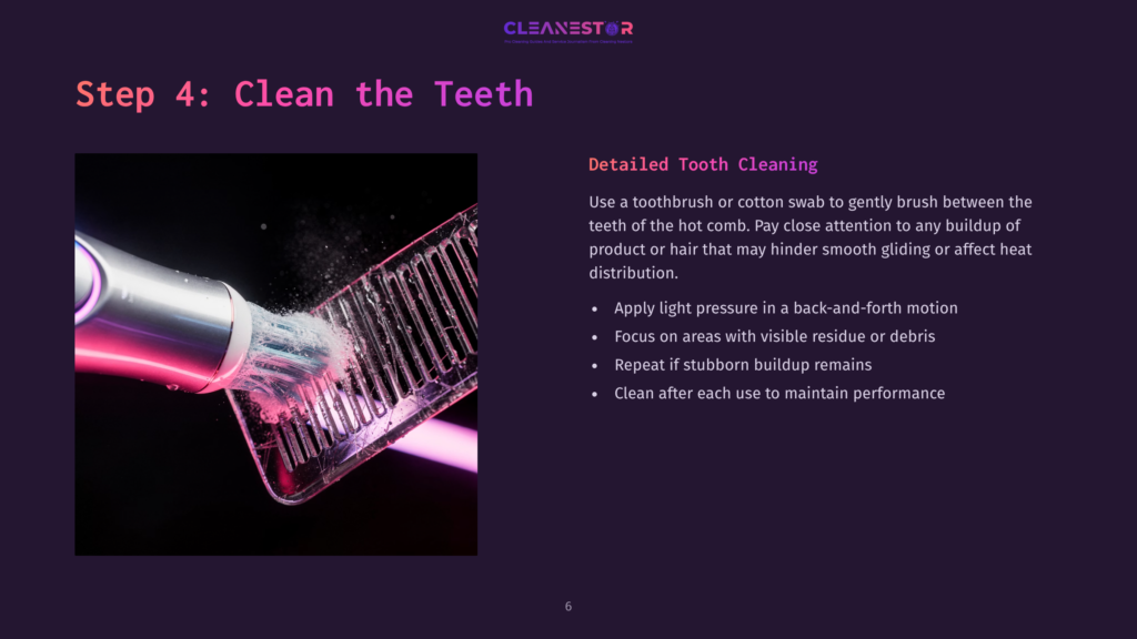 6 Step 4 Clean The Teeth Close-Up Of A Toothbrush With Pink And Blue Light Cleaning A Clear Plastic Comb, Illustrating Step 4: Clean The Teeth, From A Presentation On Detailed Tooth Cleaning.