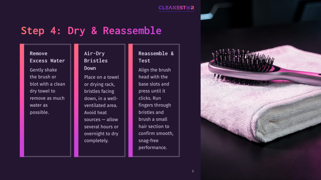 Step 4: Dry &Amp; Reassemble. Instructions For Drying And Reassembling A Hairbrush On A White Towel. The Image Shows A Black Hairbrush With Purple Accents Resting On A Plush White Towel.