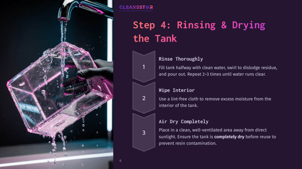 6 Step 4 Rinsing And Drying The Tank Step 4: Rinsing &Amp; Drying The Tank - A Clear Acrylic Tank Is Being Rinsed Under A Faucet, With Water Cascading Over Its Sides. Text Overlays Describe Rinsing, Wiping The Interior With A Lint-Free Cloth, And Air Drying.