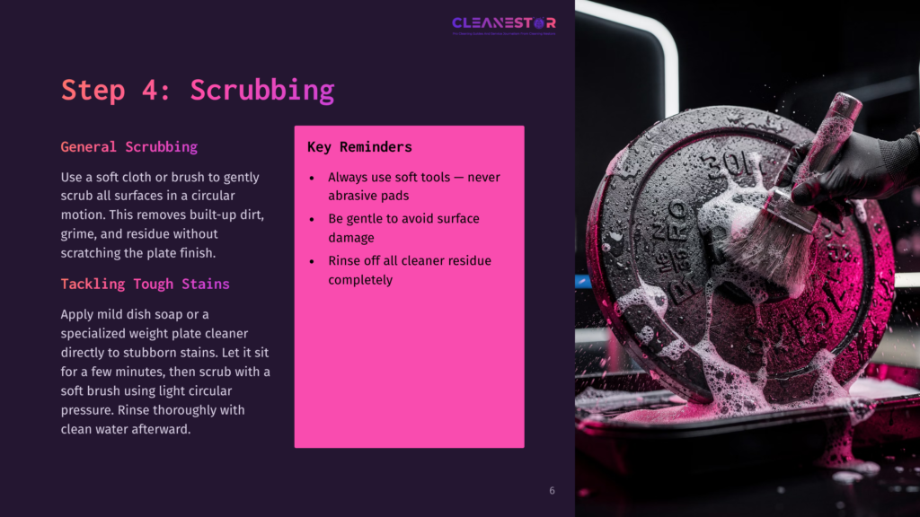 Close-Up Of A Hand Scrubbing A Weight Plate With A Brush And Soap Suds, With &Quot;Cleanestor&Quot; Logo At The Top.