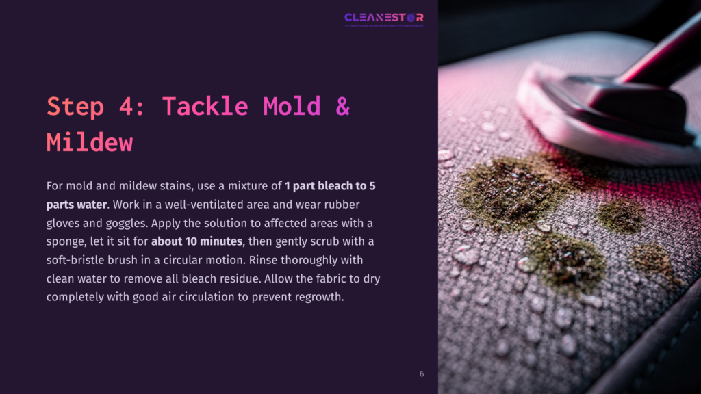 Step 4: Tackle Mold And Mildew Stains On Fabric With A Bleach And Water Solution. A Close-Up Shows A Cleaning Brush Scrubbing A Damp, Speckled Textile With Visible Mold Spots.