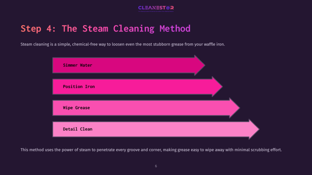 Step 4: The Steam Cleaning Method Illustrated With Four Horizontal Pink Arrows Indicating Steps: Simmer Water, Position Iron, Wipe Grease, Detail Clean.