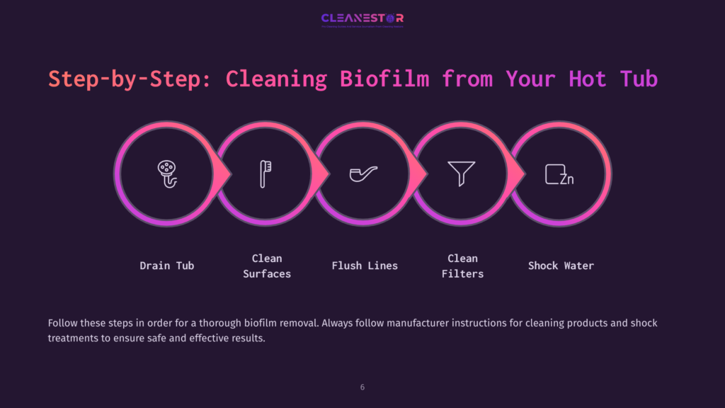 Step-By-Step Guide To Cleaning Biofilm From Your Hot Tub: Drain Tub, Clean Surfaces, Flush Lines, Clean Filters, Shock Water. Cleanestor Logo At The Top.