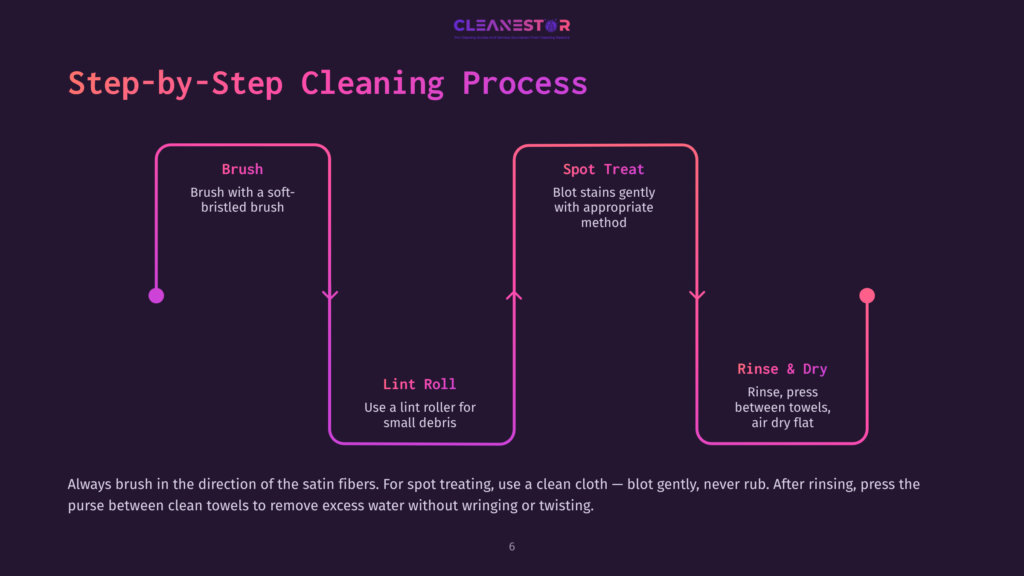 Step-By-Step Cleaning Process Infographic: Brush, Spot Treat, Lint Roll, Rinse &Amp; Dry. The Graphic Uses A Dark Purple Background With Neon Pink And Blue Accents, Illustrating A Flow Chart For Cleaning Satin Fibers.