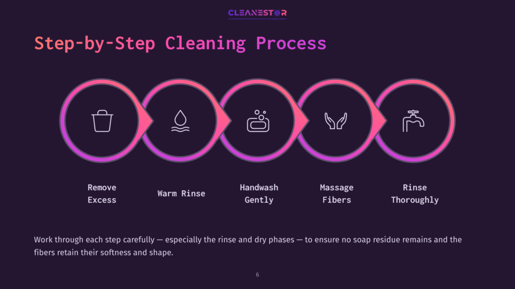 Step-By-Step Cleaning Process Infographic With Icons For Removing Excess, Warm Rinse, Handwash, Massage Fibers, And Thorough Rinse. The Cleanestor Logo Is At The Top.
