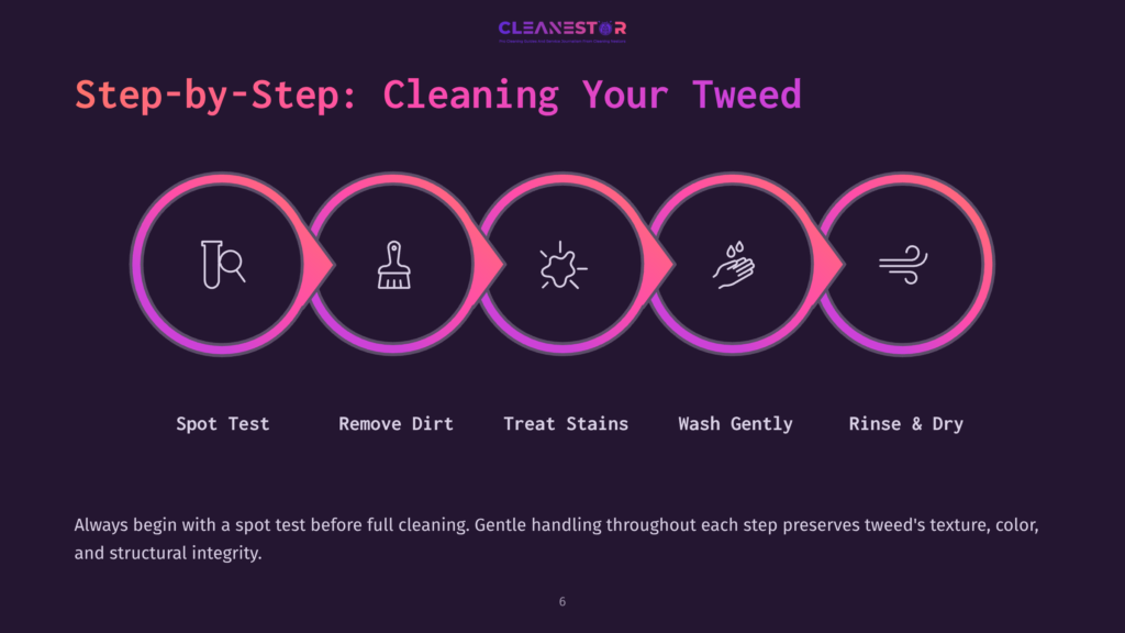 Step-By-Step Guide To Cleaning Tweed: Icons For Spot Test, Removing Dirt, Treating Stains, Gentle Washing, And Rinsing/Drying, With Text &Quot;Cleanestor&Quot; And &Quot;Step-By-Step: Cleaning Your Tweed&Quot;.