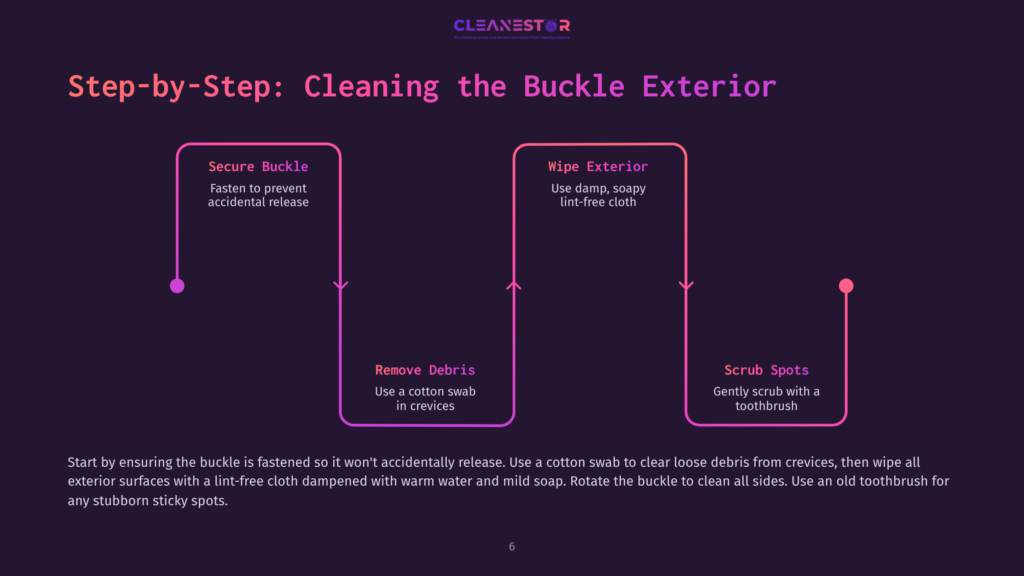 Step-By-Step Guide To Cleaning The Buckle Exterior: Secure Buckle, Remove Debris With A Cotton Swab, Wipe Exterior With A Damp, Lint-Free Cloth, And Scrub Spots With A Toothbrush.