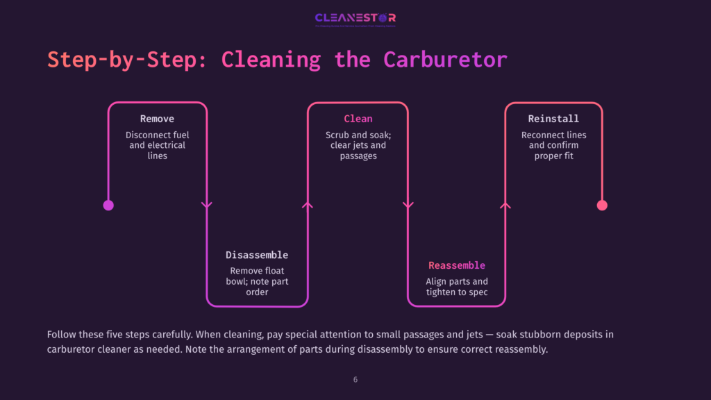 Step-By-Step Guide To Cleaning A Carburetor, Illustrating Five Key Stages: Remove, Disassemble, Clean, Reassemble, And Reinstall, With Accompanying Instructions For Each Step.