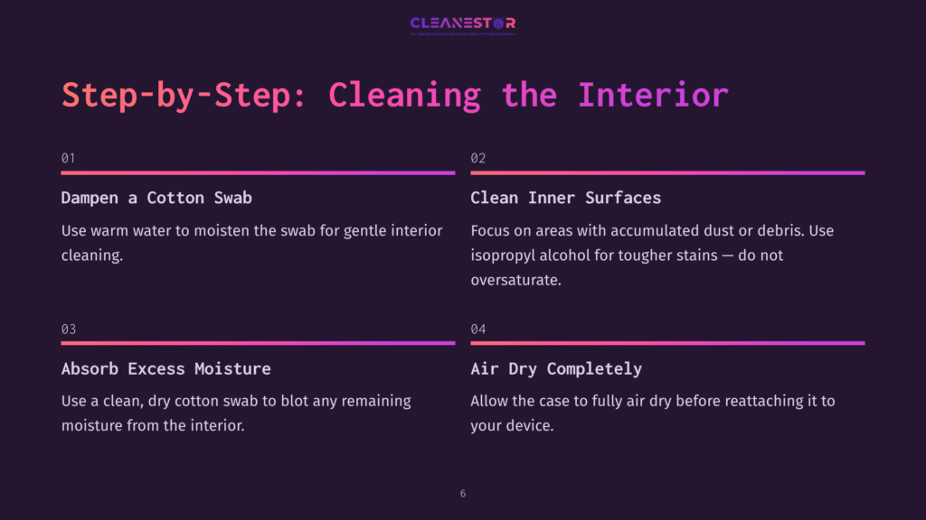 Step-By-Step Guide To Cleaning The Interior Of A Device: Dampen A Cotton Swab, Clean Inner Surfaces, Absorb Excess Moisture, And Air Dry Completely. Text On A Dark Purple Background With Gradient Highlights.