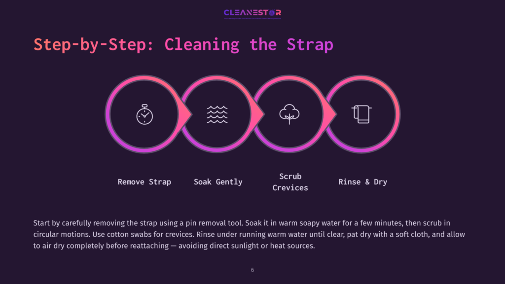 6 Step By Step Cleaning The Strap Step-By-Step Guide To Cleaning A Strap: Remove Strap, Soak Gently, Scrub Crevices, And Rinse &Amp; Dry. A Visual Infographic With Four Circular Icons Representing Each Step.