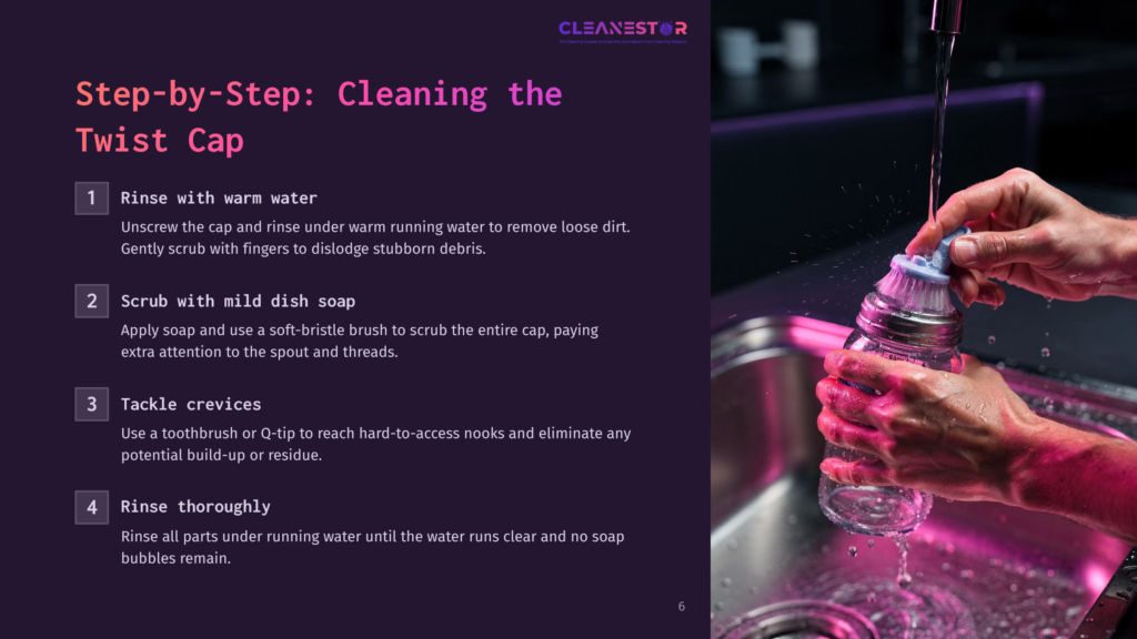 Close-Up Of Hands Cleaning A Twist Cap Under Running Water, With A Pink Light Illuminating The Sink. Text Overlay Provides Step-By-Step Cleaning Instructions.