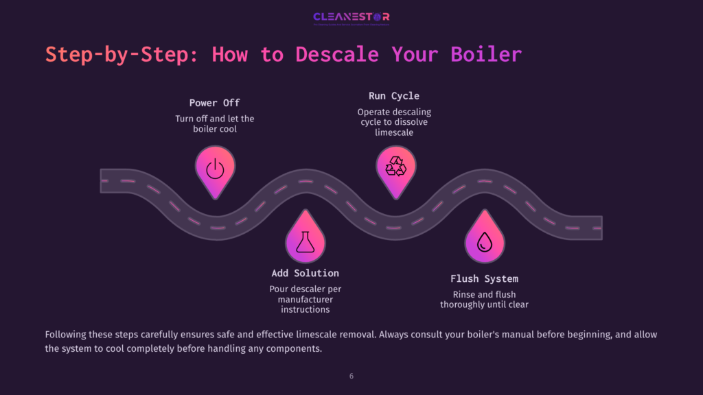 Step-By-Step Guide To Descaling A Boiler: Power Off, Add Descaling Solution, Run The Descaling Cycle, And Flush The System Until Clear. This Infographic Illustrates The Boiler Descaling Process.