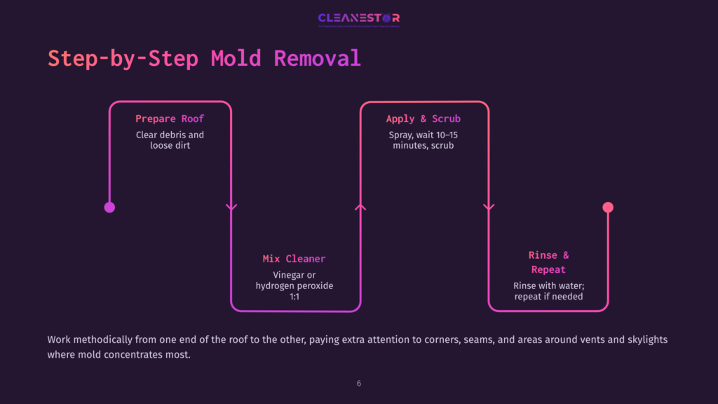 Step-By-Step Mold Removal Process Diagram: Prepare Roof, Mix Cleaner, Apply &Amp; Scrub, Rinse &Amp; Repeat. The Diagram Uses A Purple And Pink Color Scheme With Icons And Text Boxes Illustrating The Steps.