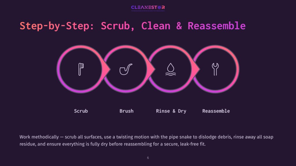 6 Step By Step Scrub Clean And Reassemble Step-By-Step Graphic Illustrating A Four-Stage Cleaning Process: Scrub, Brush, Rinse &Amp; Dry, And Reassemble. Each Stage Is Represented By A Circular Icon With A Corresponding Tool And Text Label.