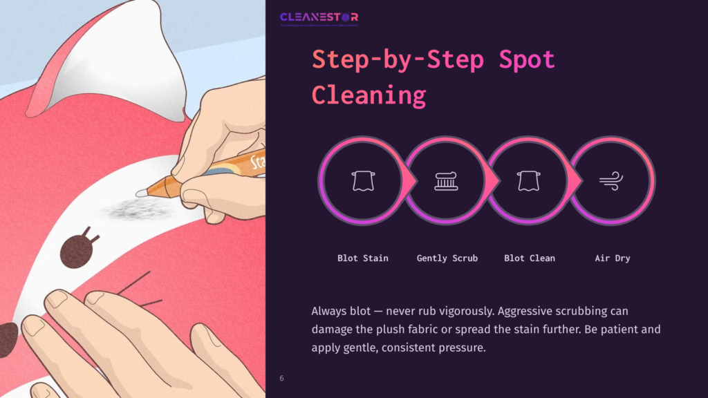 Close-Up Of A Hand Gently Spot Cleaning A Plush Toy'S Stained Fur With A Stain Remover Pen. The Image Also Shows A Step-By-Step Cleaning Guide With Icons For Blotting, Scrubbing, And Drying.