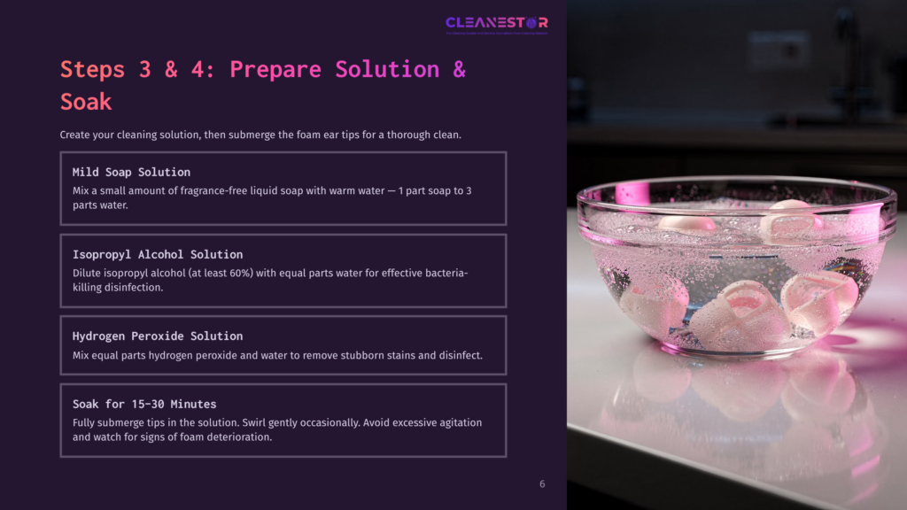 6 Steps 3 And 4 Prepare Solution And Soak A Glass Bowl Filled With Soapy Water And Pink Foam Ear Tips, With Instructions For Cleaning Foam Ear Tips Using Mild Soap, Isopropyl Alcohol, Or Hydrogen Peroxide Solution.