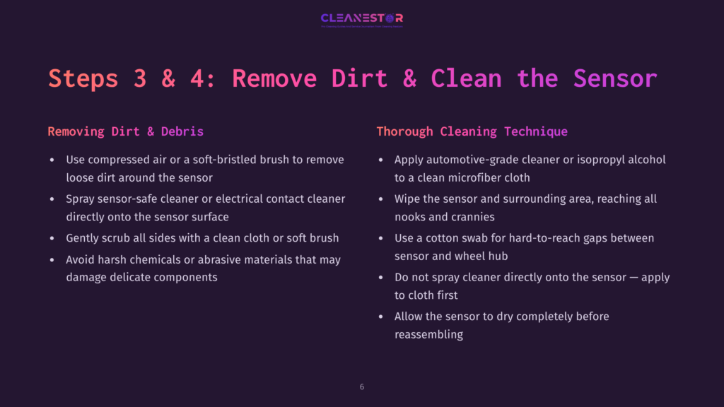 Slide Titled &Quot;Steps 3 &Amp; 4: Remove Dirt &Amp; Clean The Sensor&Quot; From A Presentation On Cleaning Electronics. Left Side Details &Quot;Removing Dirt &Amp; Debris&Quot; With Bullet Points On Using Compressed Air, Sensor-Safe Cleaner, And A Soft Cloth. Right Side Details &Quot;Thorough Cleaning Technique&Quot; With Bullet Points On Applying Automotive-Grade Cleaner, Wiping The Sensor And Surrounding Area, Using A Cotton Swab, And Drying The Sensor.