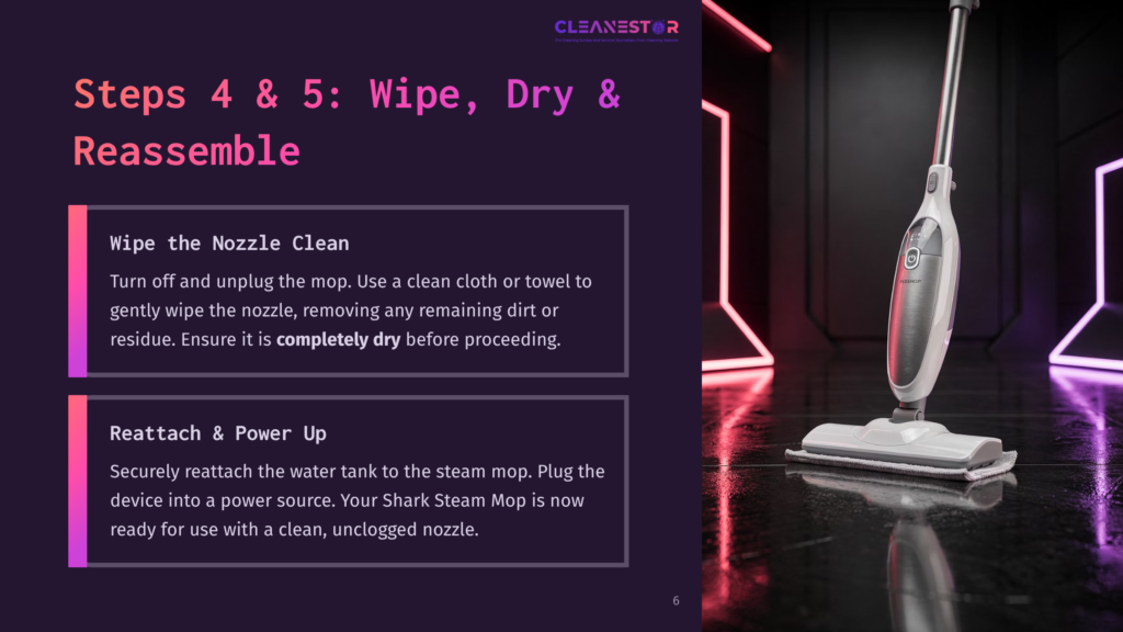 Steps 4 &Amp; 5: Wipe, Dry &Amp; Reassemble. Close-Up Of A Shark Steam Mop With A Clean Mop Head, Ready For Use, With Neon Pink And Blue Lighting In The Background.