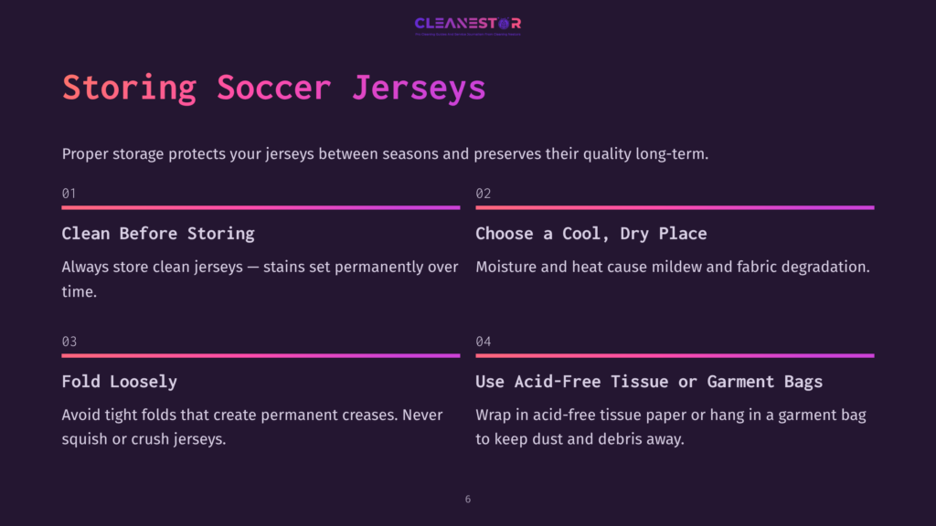 A Presentation Slide Titled &Quot;Storing Soccer Jerseys&Quot; With Tips On Cleaning, Folding, And Using Acid-Free Tissue For Long-Term Storage.