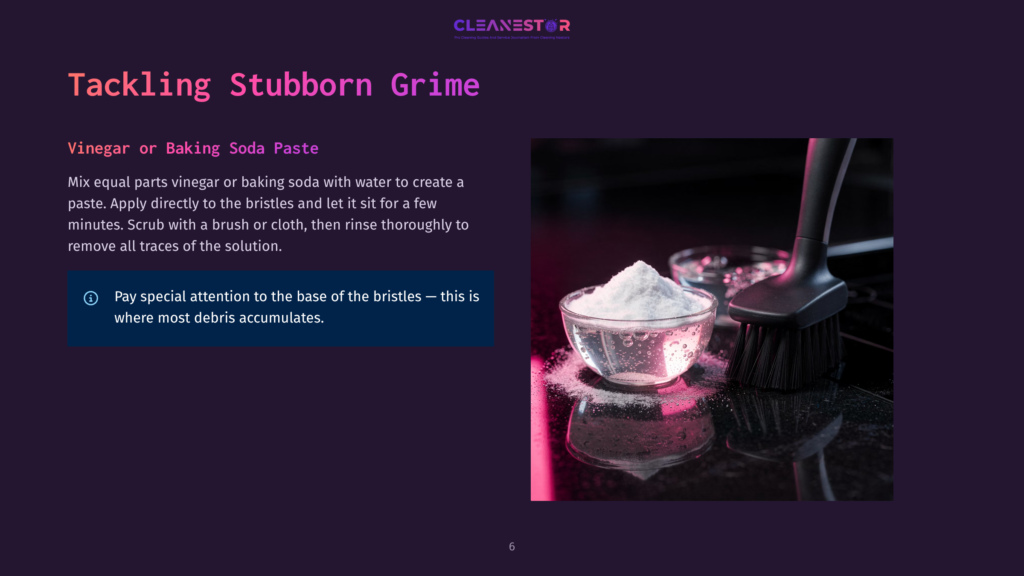 6 Tackling Stubborn Grime A Cleaning Brush With White Bristles Sits In A Bowl Of Baking Soda Paste, Ready To Tackle Stubborn Grime On A Shiny Black Surface, Illuminated By Pink Light.