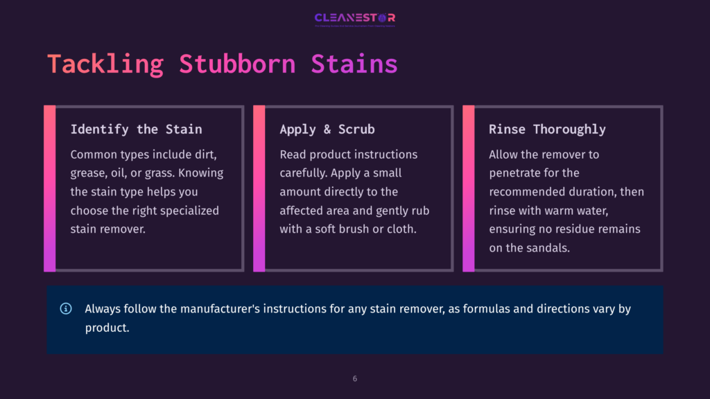 A Graphic Displays Three Steps For Tackling Stubborn Stains: Identify The Stain, Apply &Amp; Scrub, And Rinse Thoroughly. The Graphic Includes The Cleanestor Logo And Emphasizes Following Manufacturer Instructions For Stain Removers.